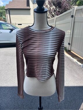 SHEIN Brown & White Striped Sheer Long Sleeve Top